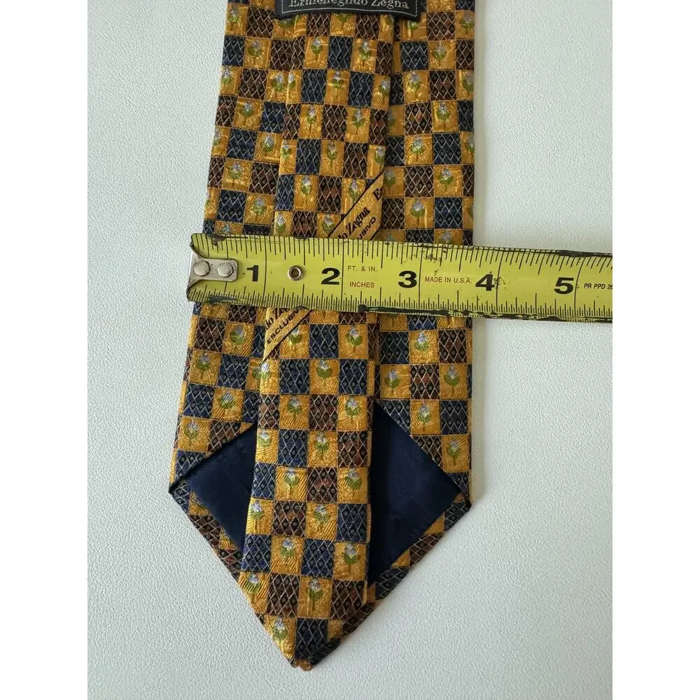 Ermenegildo Zegna Tie Mens Gold Floral Tile Print 100% Silk Made In Italy